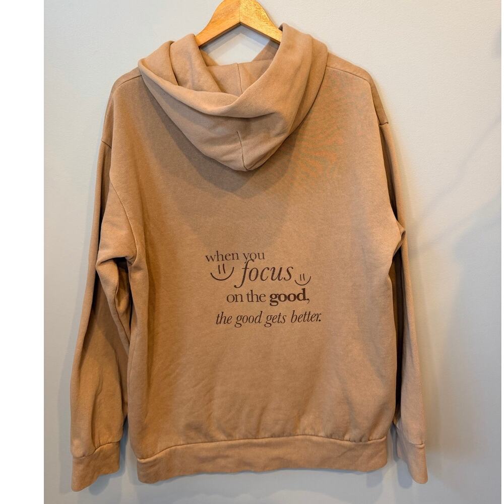 Distressed Graphic Quote Positive Vibe Hoodie Tan Beige Pullover Sweatshirt Sz L